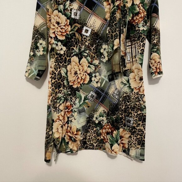 ALBERTO MAKALI Green Cream Leopard Cheetah Animal Floral Plaid 3/4 Sleeve Tunic - Picture 3 of 10